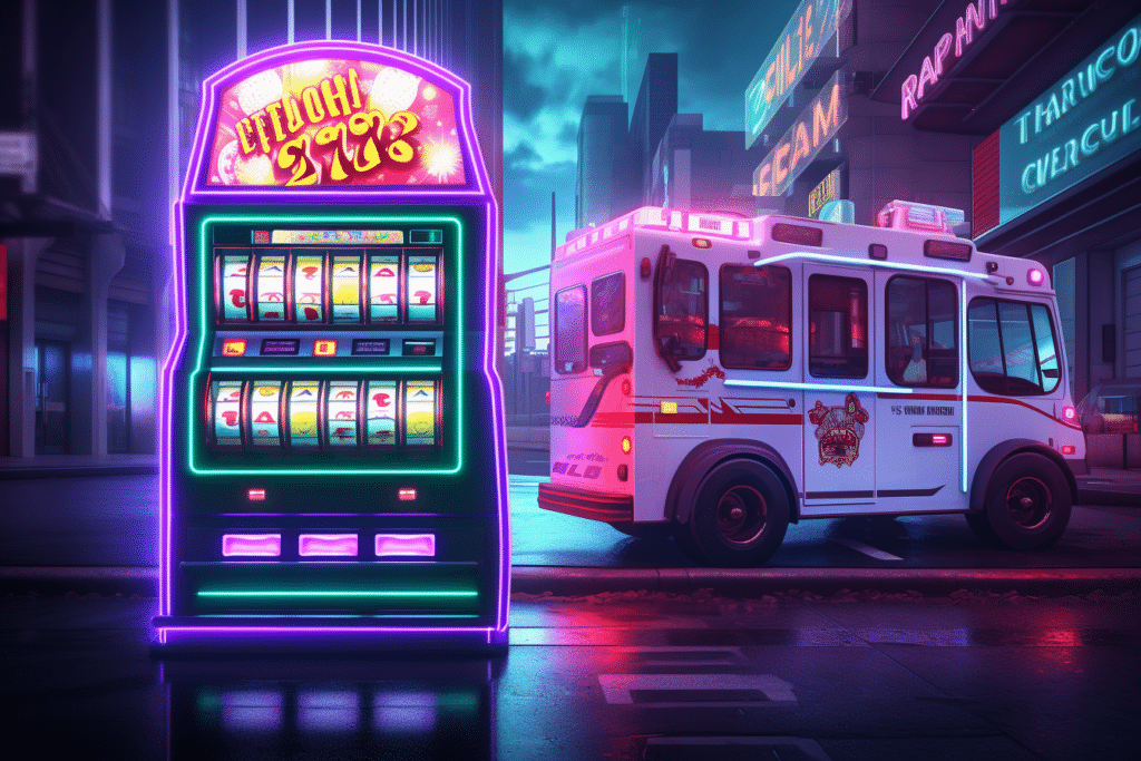 An AI generated image of a slot machine next to an ambulance.