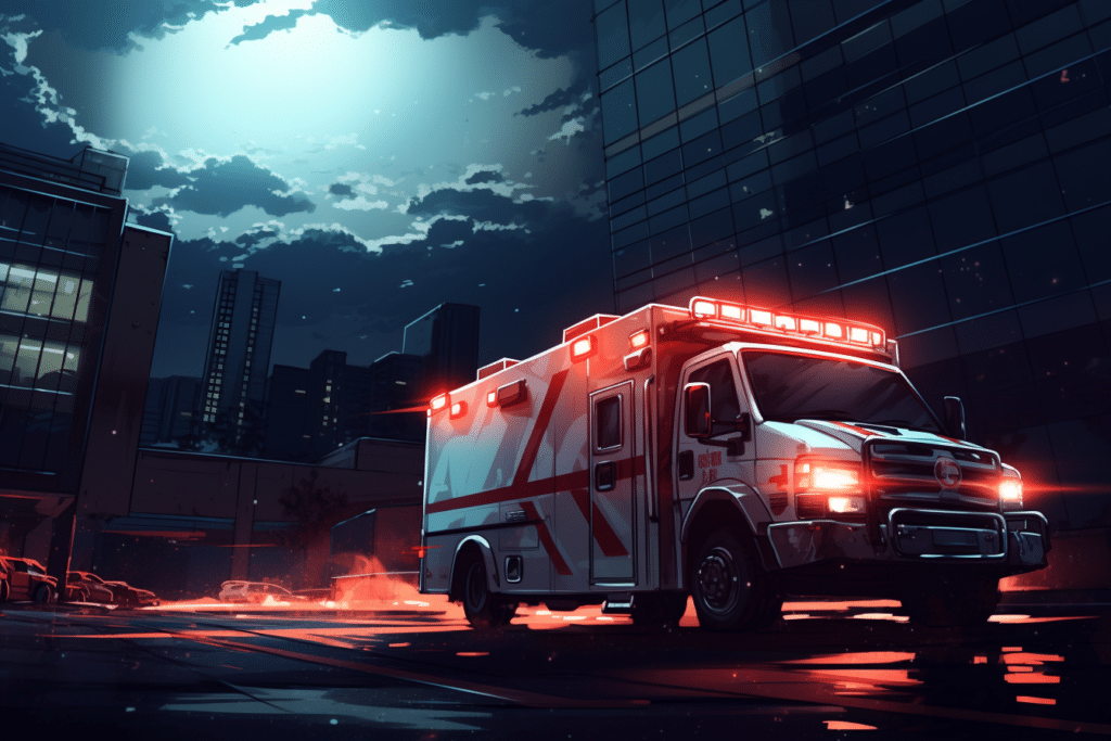 An AI generated image of an ambulance in front of some skyscrapers.