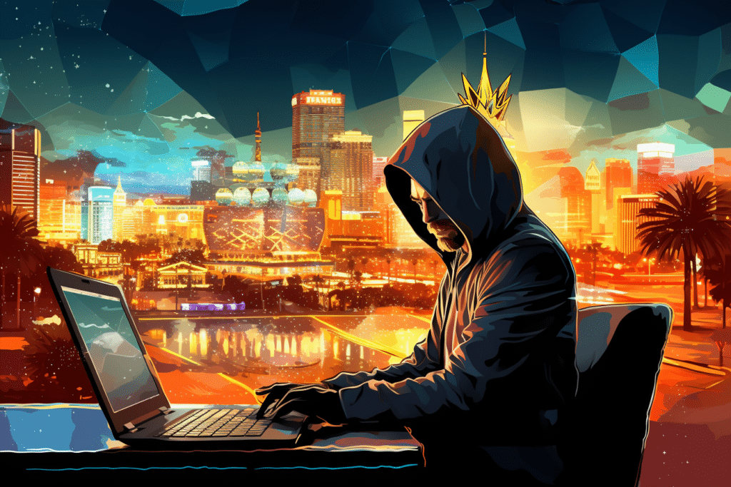 An AI generated image of a man in a hoodie typing on a laptop, with a Las Vegas type skyline in the background.