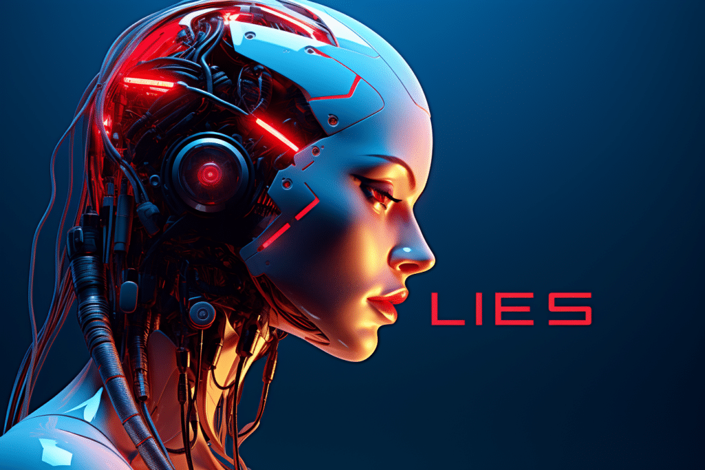 A female humanoid robot saying the word "LIES."