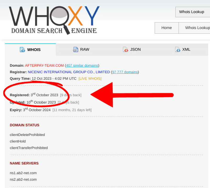 Screenshot from Whoxy.com showing the WHOIS information for afterpay-team[.]com. The domain was registered on October 3rd 2023.