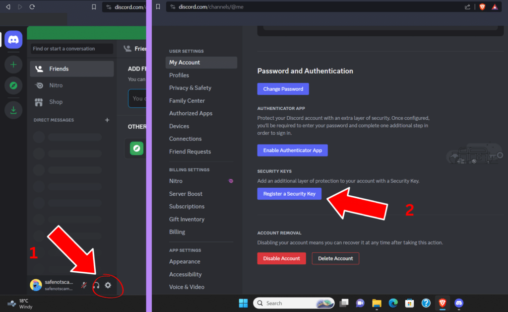 First click on the wheel icon to bring up the user settings. Then scroll down to find the "Password and Authentication" section. Finally, look for the "Register a security key" button in blue.