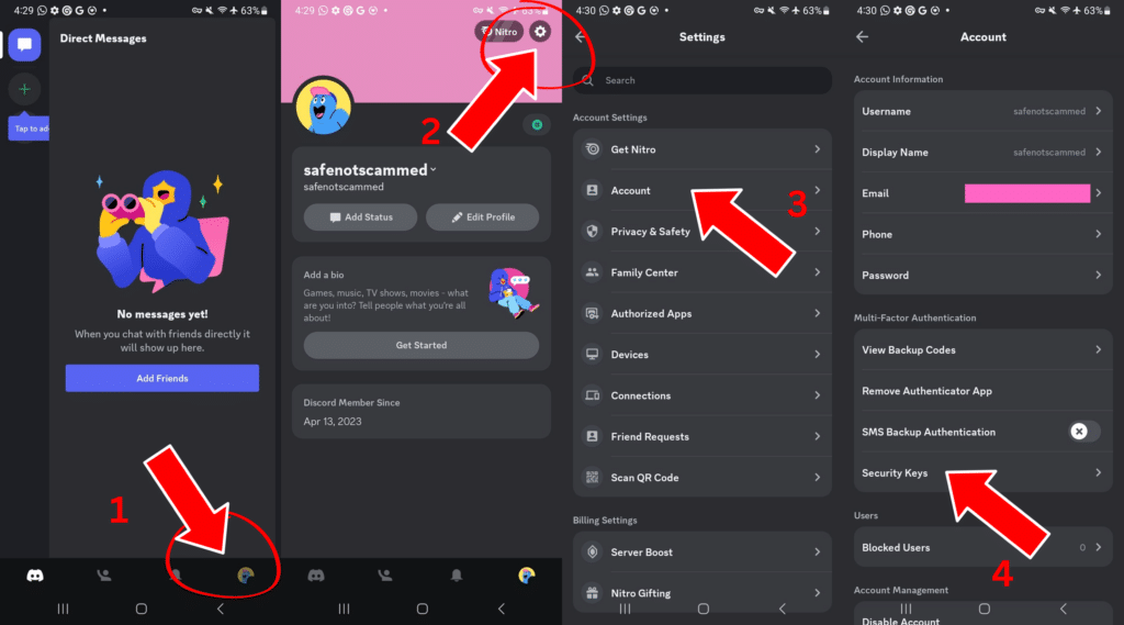 Screenshots of Discord's UI showing how to navigate to the security key section.