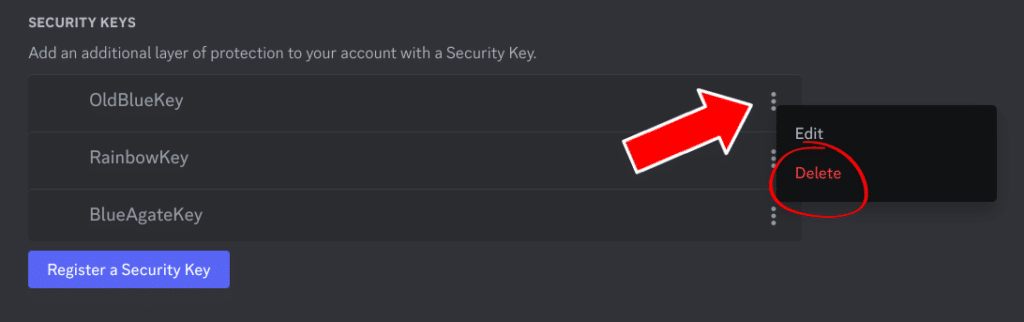 Security Keys
Add an additional layer of protection to your account with a Security Key.

OldBlueKey --> Edit/Delete
RainbowKey
BlueAgateKey