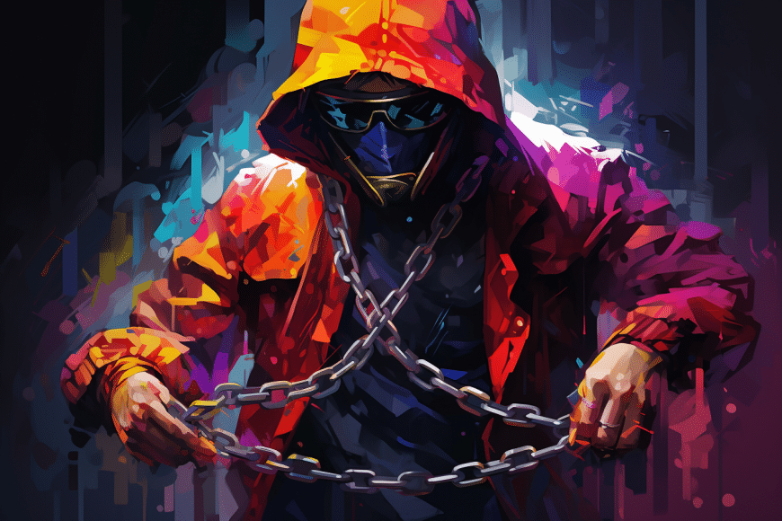 AI-generated image of a stylized man in a red hoodie wearing a mask in chains.