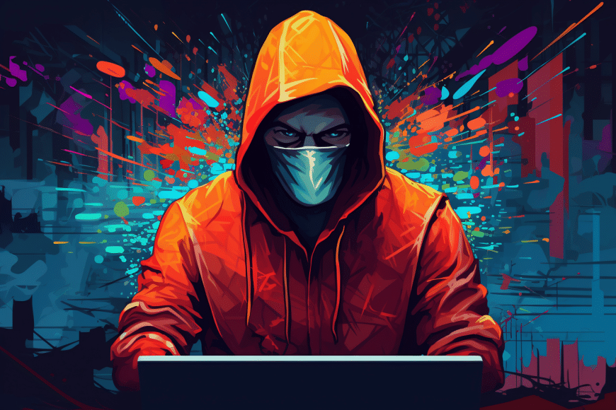 An AI generated image of a vicious looking hacker wearing an orange hoodie and a face mask sitting in front of his laptop.