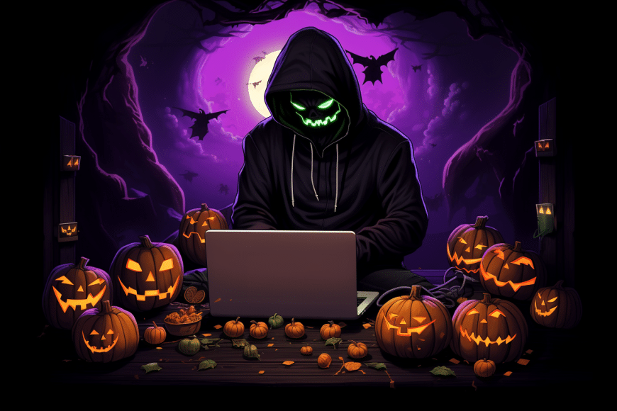 AI generated image of a monster wearing a dark hoodie working at his laptop. He is in a cave with a purple hue and surrounded by pumpkins.