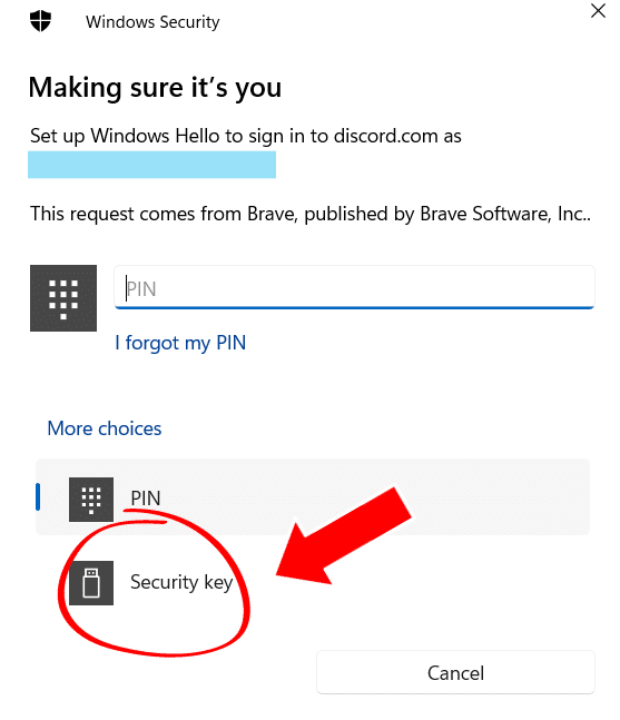 Windows Security Popup:
Set up Windows Hello to sign in to discord.com as REDACTED.

This request come from Brave, published by Brave Software, Inc.

PIN

More choices
PIN
Security Key

Select "Security Key"