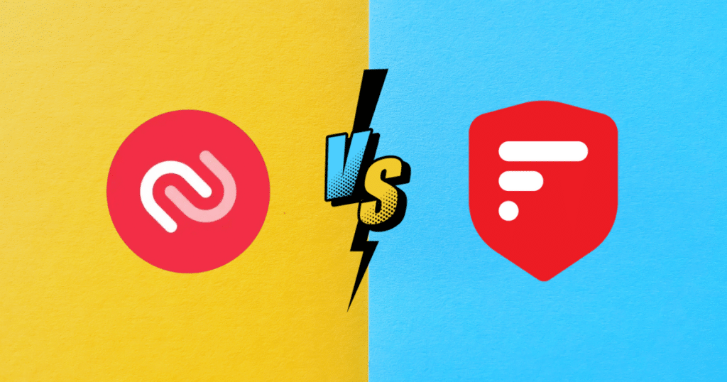 The Authy logo on a yellow background is on the left hand side of the image and the 2FAS logo on a blue background is on the right hand side. There is a "VS" sign that is blue and yellow in between the two logos.