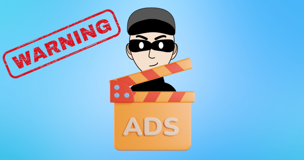 A scammer peaks out from behind a clapper board with the text "ADS" on it. To the left of the scammer is the word "WARNING."