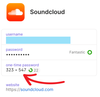 UI for an entry in 1Password.
Username: Redacted
Password: Redacted
One-time password: 323 547
website: https://soundcloud.com