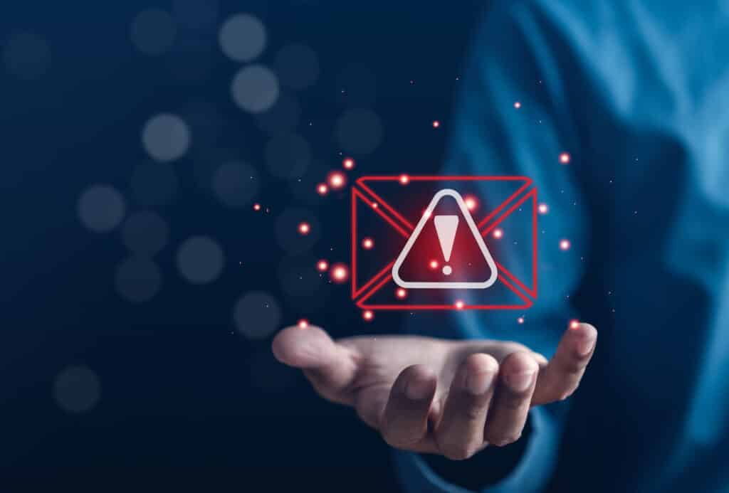 Email spam virus warning caution sign for notification on internet letter security protect, junk and trash mail, Cybersecurity vulnerability, data breach, illegal connection, compromised information.