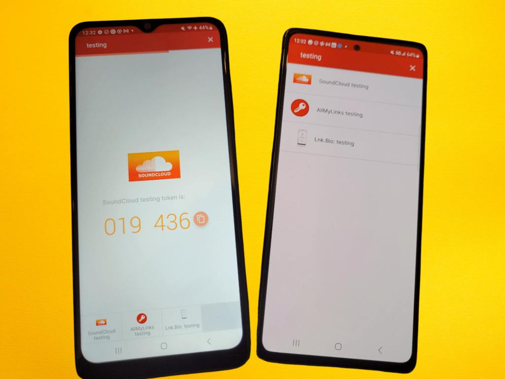 Two phones are displayed, one showing Authy in "Grid mode" which displays one 2FA code and lists the other accounts in a grid below. The other shows Authy in "List mode", which gives a list of accounts and does not show any 2FA codes.