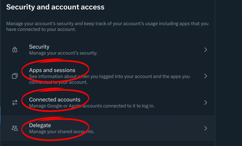 X's security and account access UI

Manage your account's security and keep track of your account's usage including apps that you have connected to your account.

Security
Apps and sessions
Connected accounts
Delegate