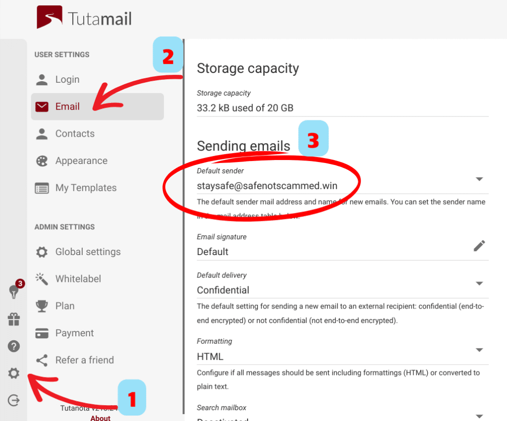 Tuta's Settings UI annotated with arrows to show how to navigate to the default sender settings.

1. Settings
2. Email
3. Sending emails. Then select from the default sender drop-down box.
