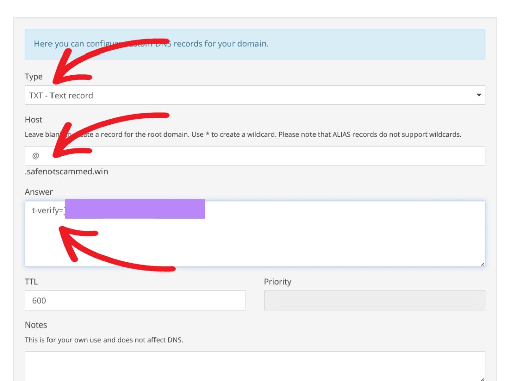 Porkbun's DNS editing UI

Type
TXT-Text record

Host
@

Answer
t-verify=REDACTED

TTL
600

Notes