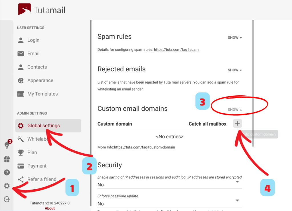 Tuta's settings UI with the "settings" gear wheel, "Global settings" tab, Custom Email Domains "show" button and "plus" button highlighted with arrows and numbers.