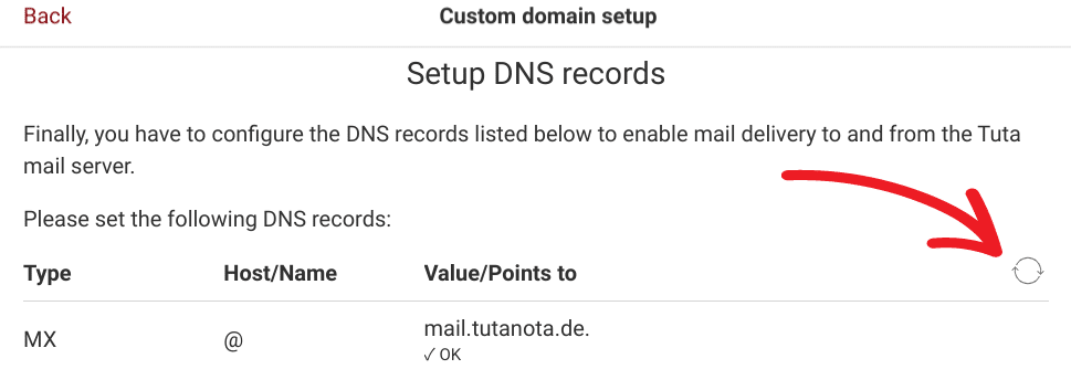 Tuta's custom domain set up UI. The refresh button is highlighted with an arrow.