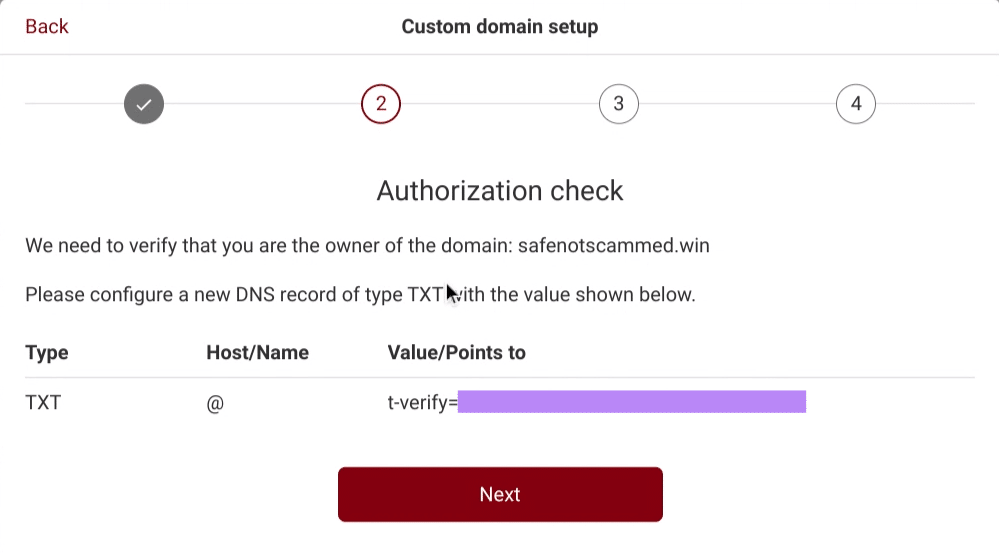 Tuta's Custom Domain Setup Wizard

Authorization check
We need to verify that you are the owner of the domain: safenotscammed.win

Please configure a new DNS records of the type TXT with the value shown below

Type: TXT
Host/Name: @
Value/Points to: t-verify=REDACTED