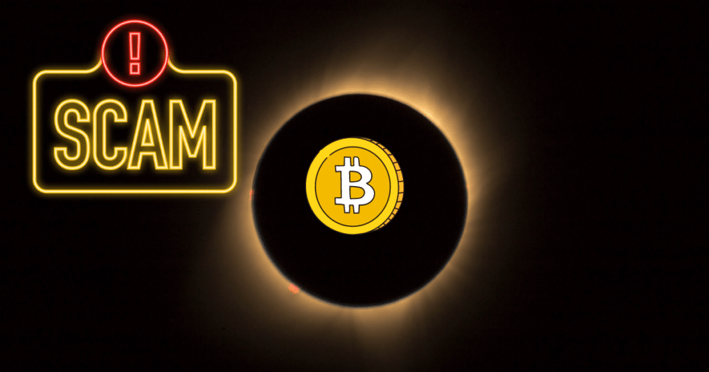 A total eclipse with a bitcoin in the middle of it and a neon overlay saying "SCAM".