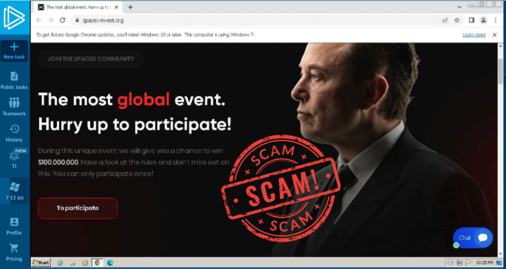 Screenshot of crypto scam site. It features a photo of Elon Musk and has the text "The most global event. Hurry up to participate!"