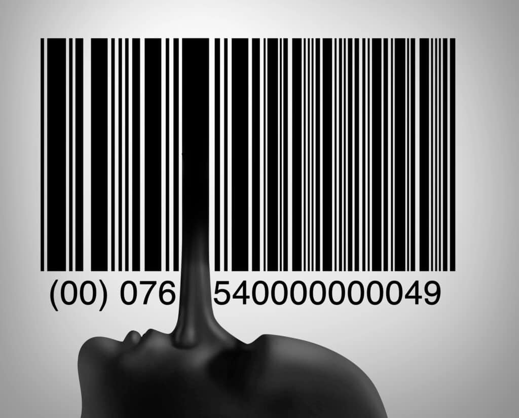 A barcode with a face silhouette beneath it, with a long nose (indicating lies) blending into the barcode.
