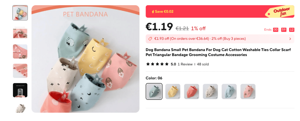 A screenshot of an AliExpress listing displaying the same four pet bandanas (plus 2 additional ones) that were for sale on the sketchy brand's website. The difference, however, is that these are listed for 1.19 euros and come with free shipping.